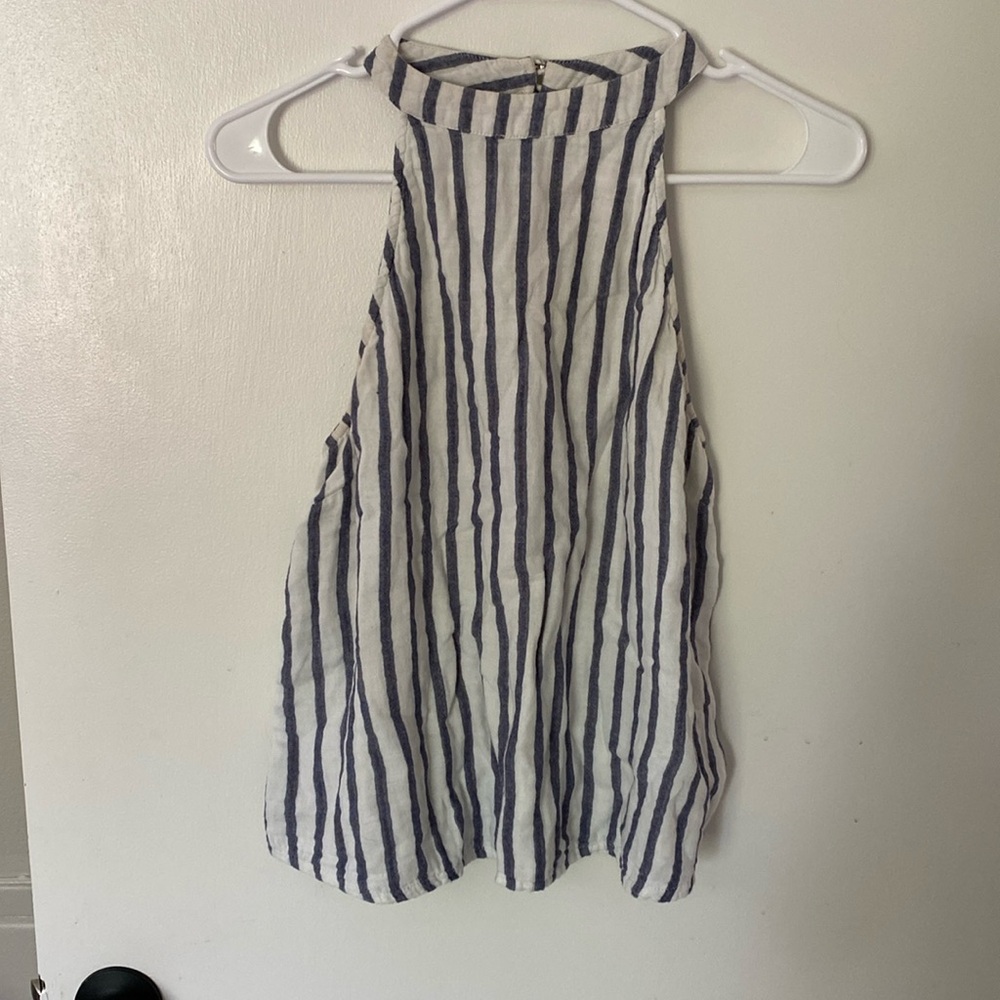 White and blue striped summer tank top linen material buttons in the back